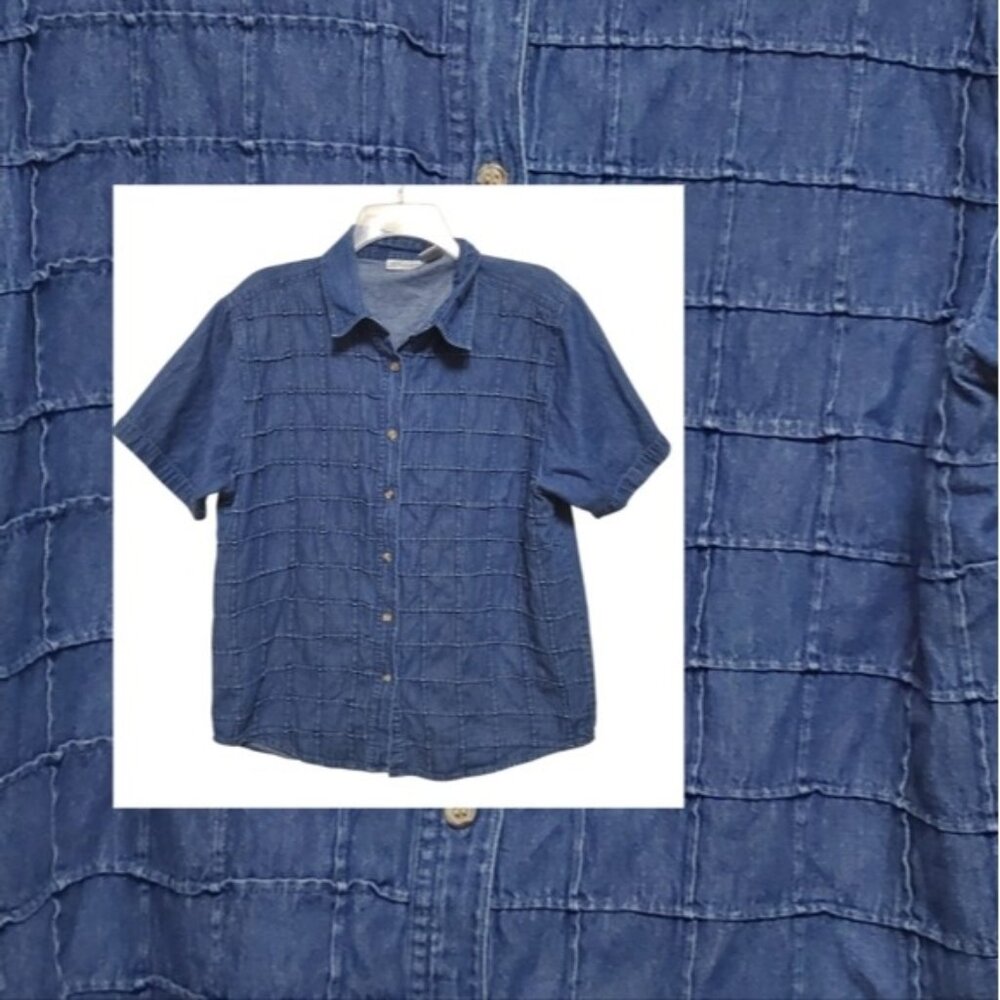 Vintage Textured Denim Button Up Granny Coastal Boho Cotton Large